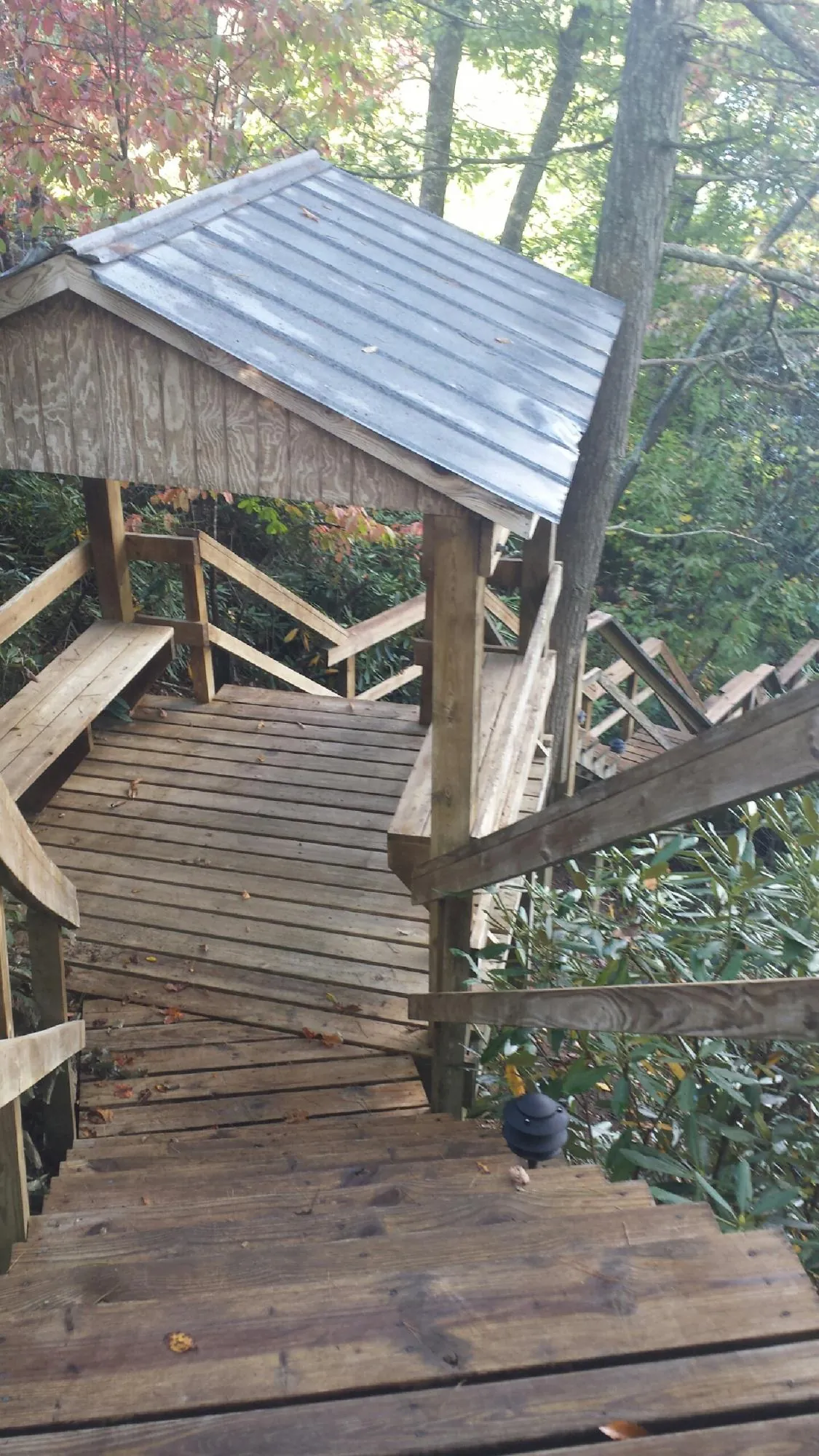 Metal roofed shelter over wooden steps on a wooded walkway — Skylight Repair & Installation work by our crew in Basin